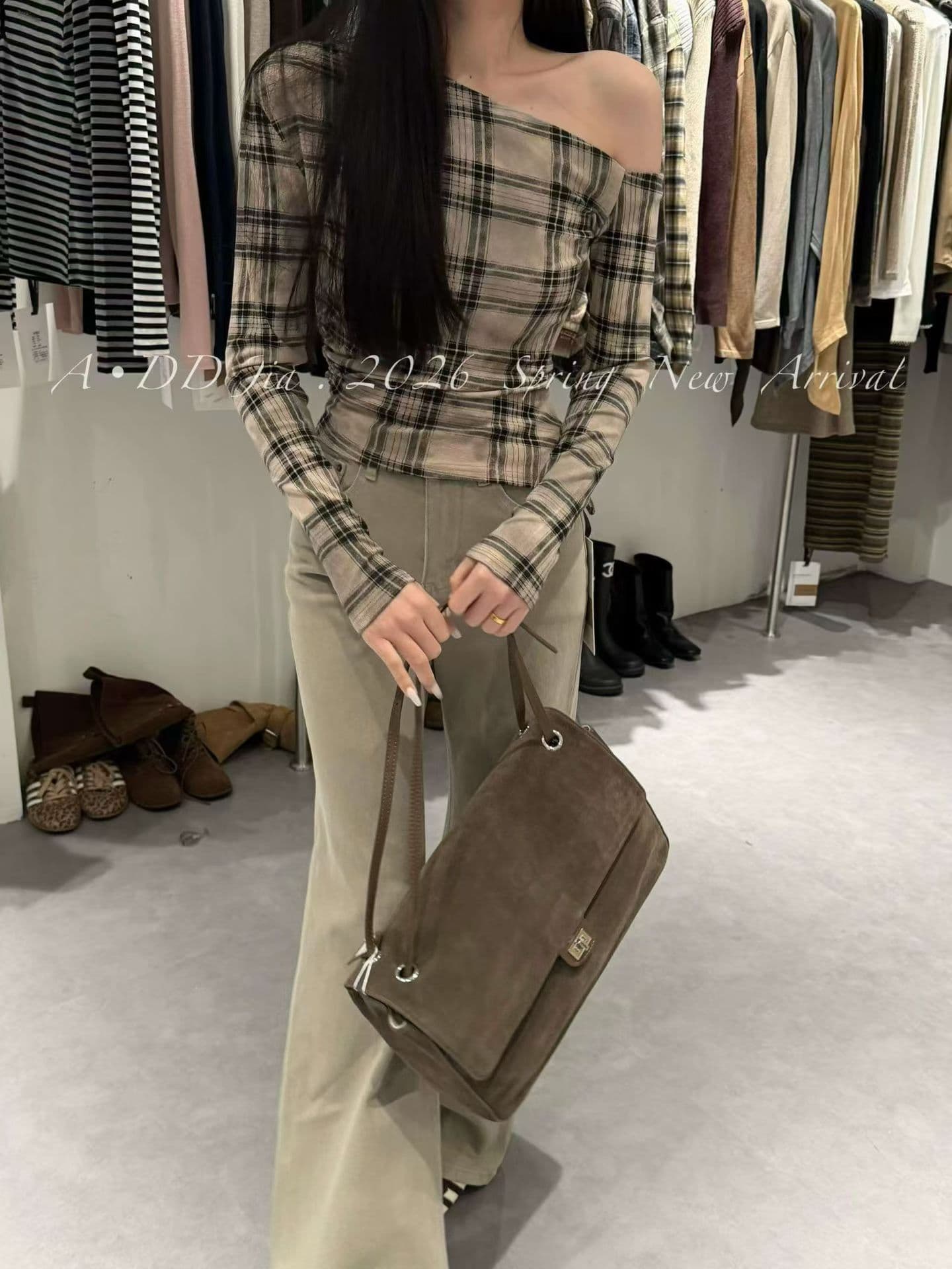 한 부서 레트로 느긋한 바람 오프숄더 체크무늬 작은 셔츠 여성 26 이른 가을 디자인 센스 셔츠 이미지 3