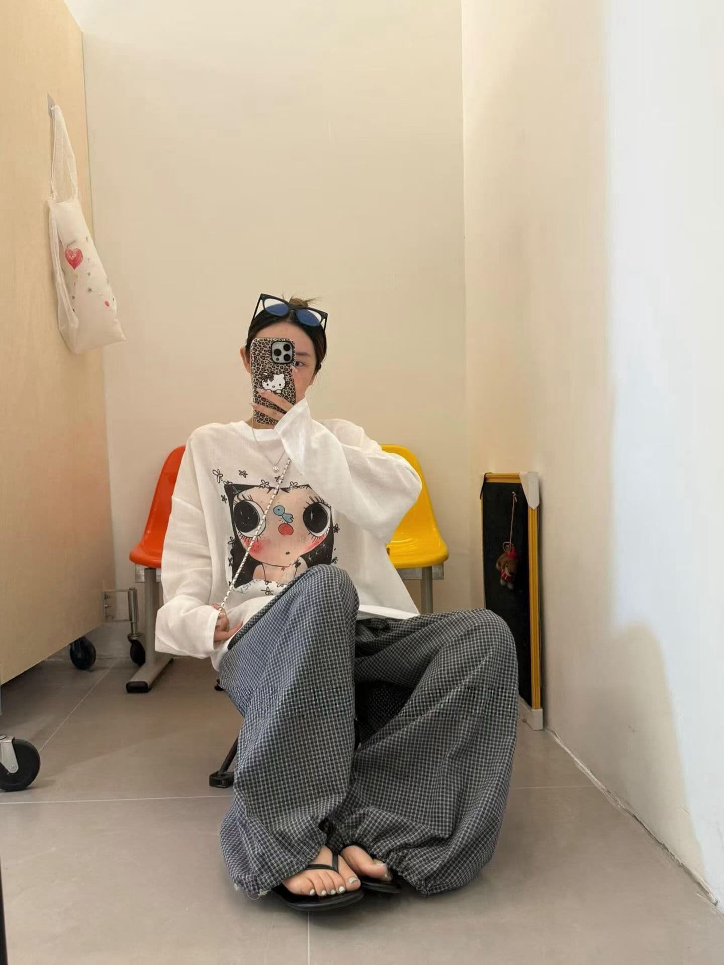 동쪽 room 한 부서 만화 귀여운 바람 긴팔 티셔츠 작은 소녀 프린트 루즈핏 연령 감소 다용도 주간 실크 마 맨위 이미지 5