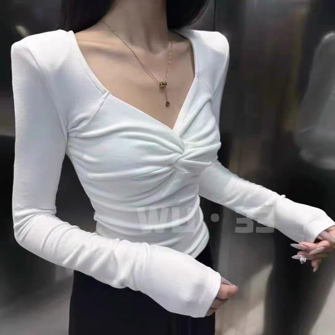 순수한 욕망 비틀림 V넥 십자가 섹시함 맨위 여성 가을 몸매 가꾸기 슬림해 보이는 주름 인사이드 가져 가라. 품격 티셔츠