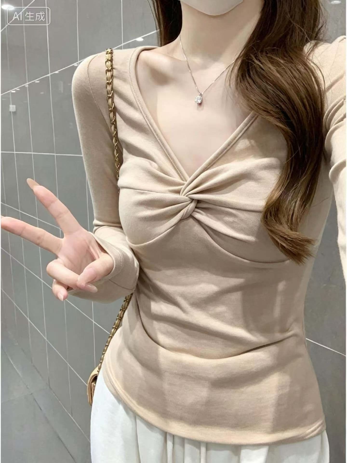 순수한 욕망 비틀림 V넥 십자가 섹시함 맨위 여성 가을 몸매 가꾸기 슬림해 보이는 주름 인사이드 가져 가라. 품격 티셔츠 상세 이미지 7
