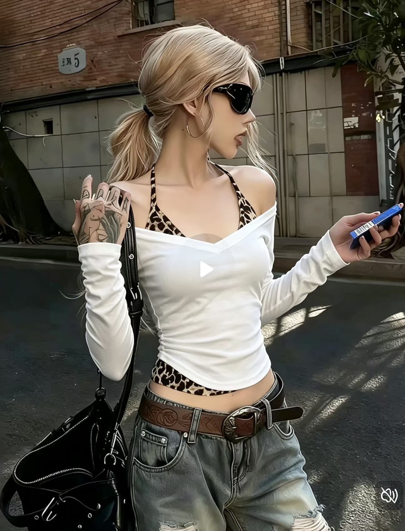 레오파드 무늬 패치워크 오프숄더 긴팔 티셔츠 여성 핫걸 착용 가져 가라. 몸매 가꾸기 페이크 레이어드 기본 셔츠 맨위 이미지 4