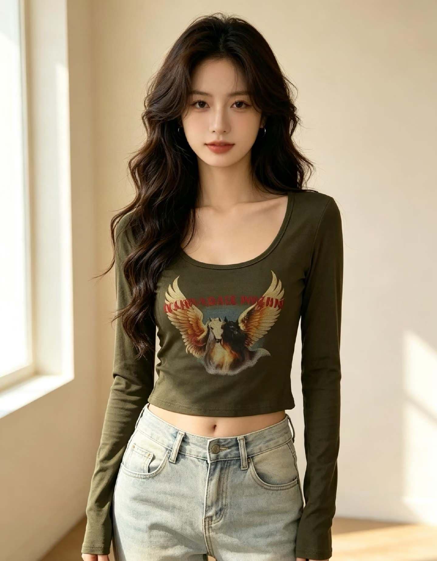 2026 가을 켜기 새로운 아메리칸 레트로 프린트 몸매 가꾸기 광장 칼라 긴팔 티셔츠 맨위 여성 이미지 4