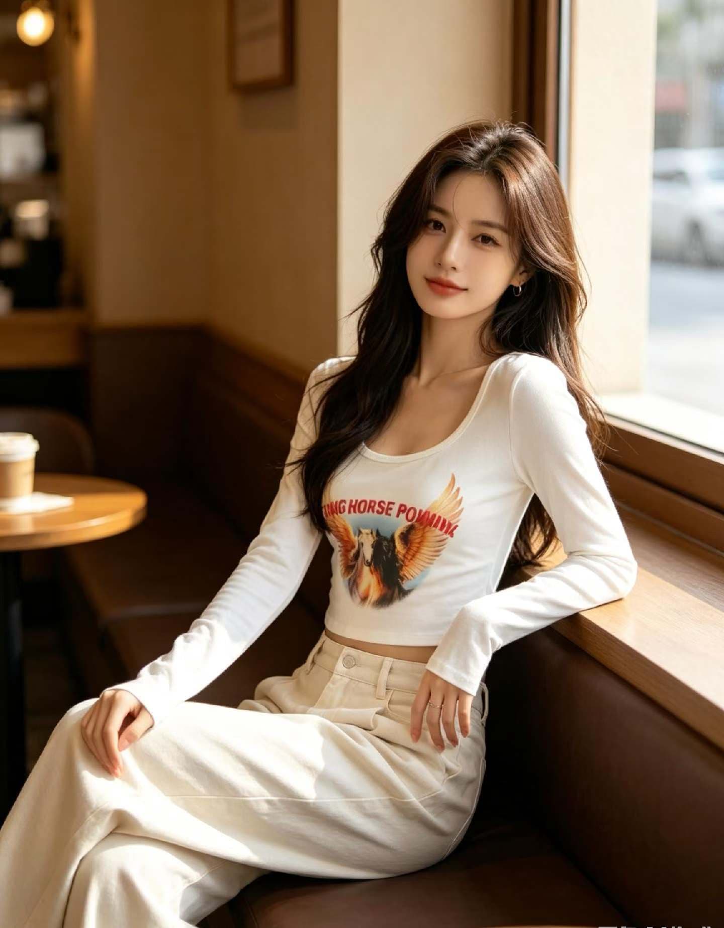 2026 가을 켜기 새로운 아메리칸 레트로 프린트 몸매 가꾸기 광장 칼라 긴팔 티셔츠 맨위 여성 상세 이미지 2
