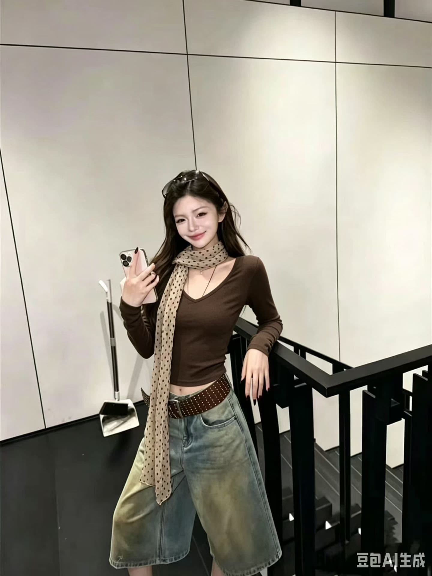 2026 가을 새로운 한국 스타일 패션 다용도 슬림해 보이는 긴팔 티셔츠 여성 경기 스카프 이미지 4