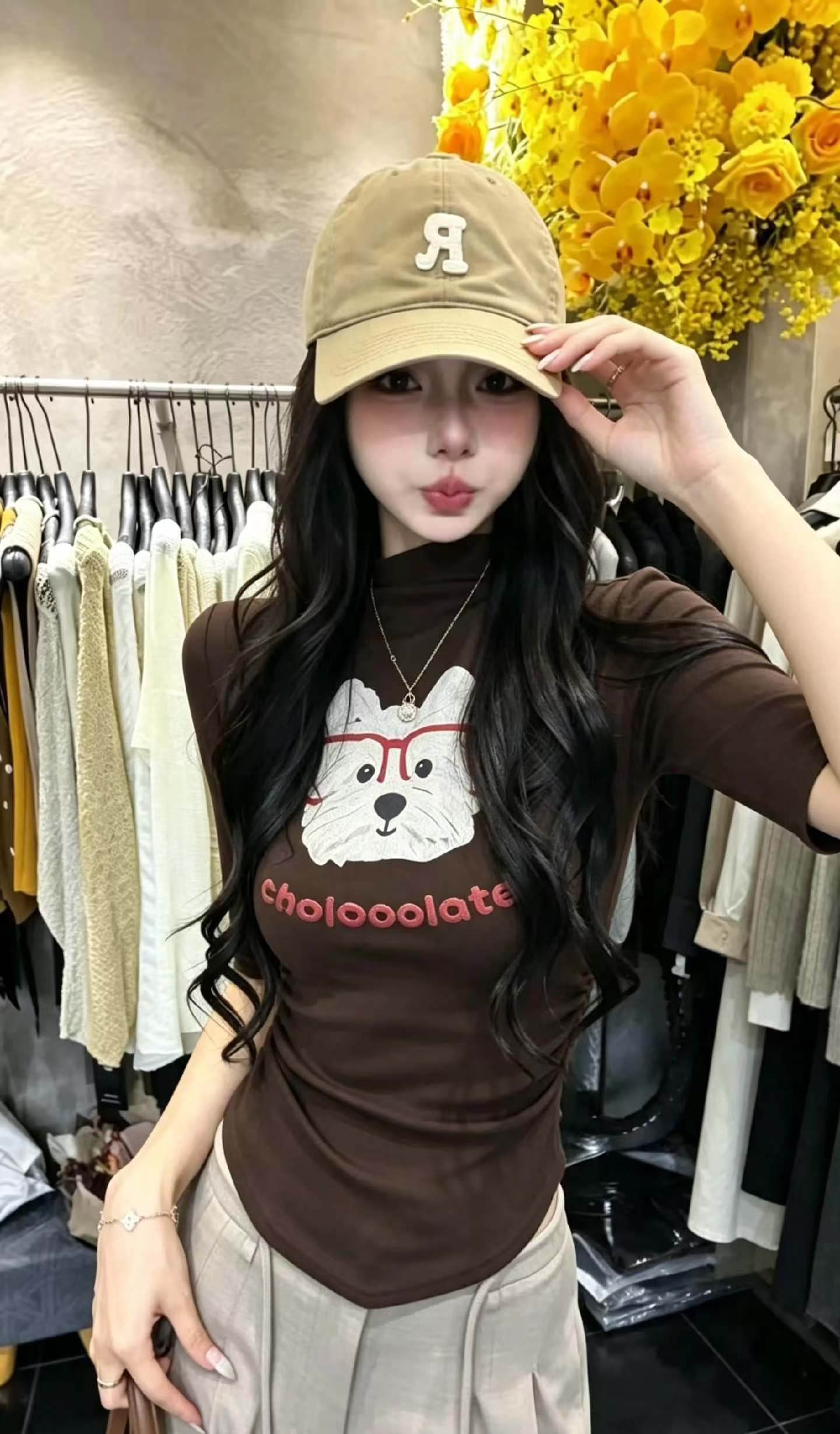새로운 반하이넥 주름 허리 수축 중간 소매 티셔츠 몸매 가꾸기 슬림해 보이는 순수한 욕망 인사이드 가져 가라. 기본 셔츠 외국 가스 맨위 상세 이미지 1