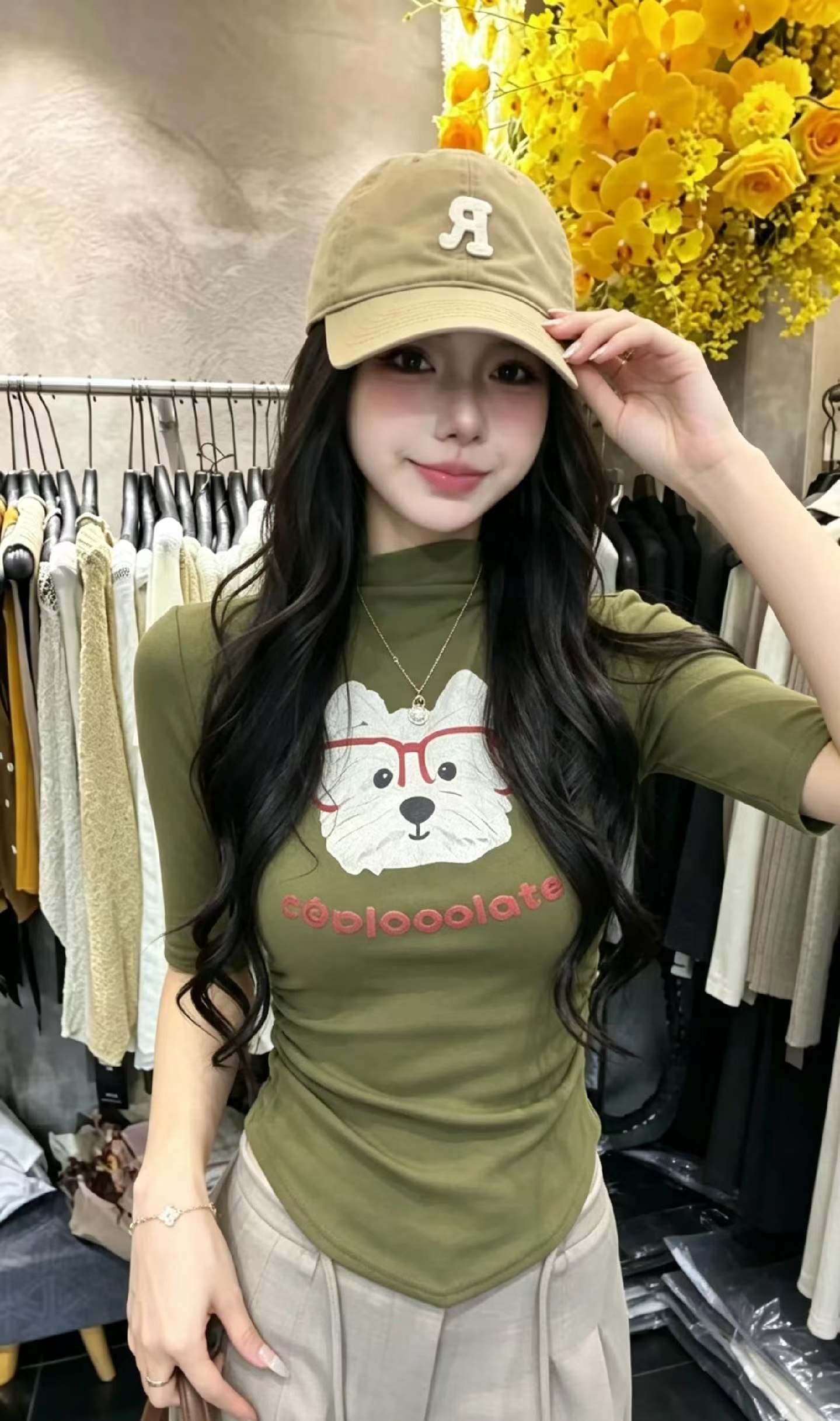 새로운 반하이넥 주름 허리 수축 중간 소매 티셔츠 몸매 가꾸기 슬림해 보이는 순수한 욕망 인사이드 가져 가라. 기본 셔츠 외국 가스 맨위 상세 이미지 6