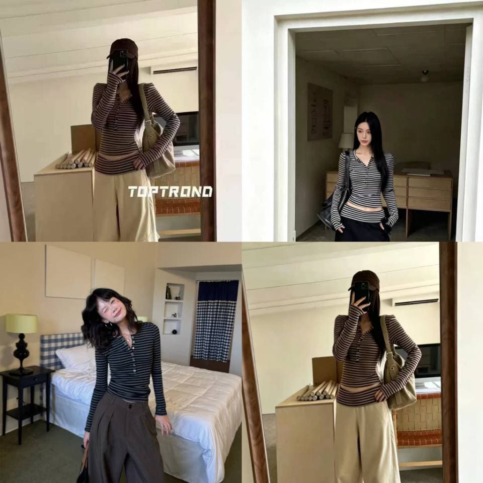 작은 대중 Chic 스트라이프 V넥 인사이드 가져 가라. 기본 셔츠 티셔츠 여성 가을 겨울 2026 새로운 작은 키 몸매 가꾸기 맨위 이미지 5