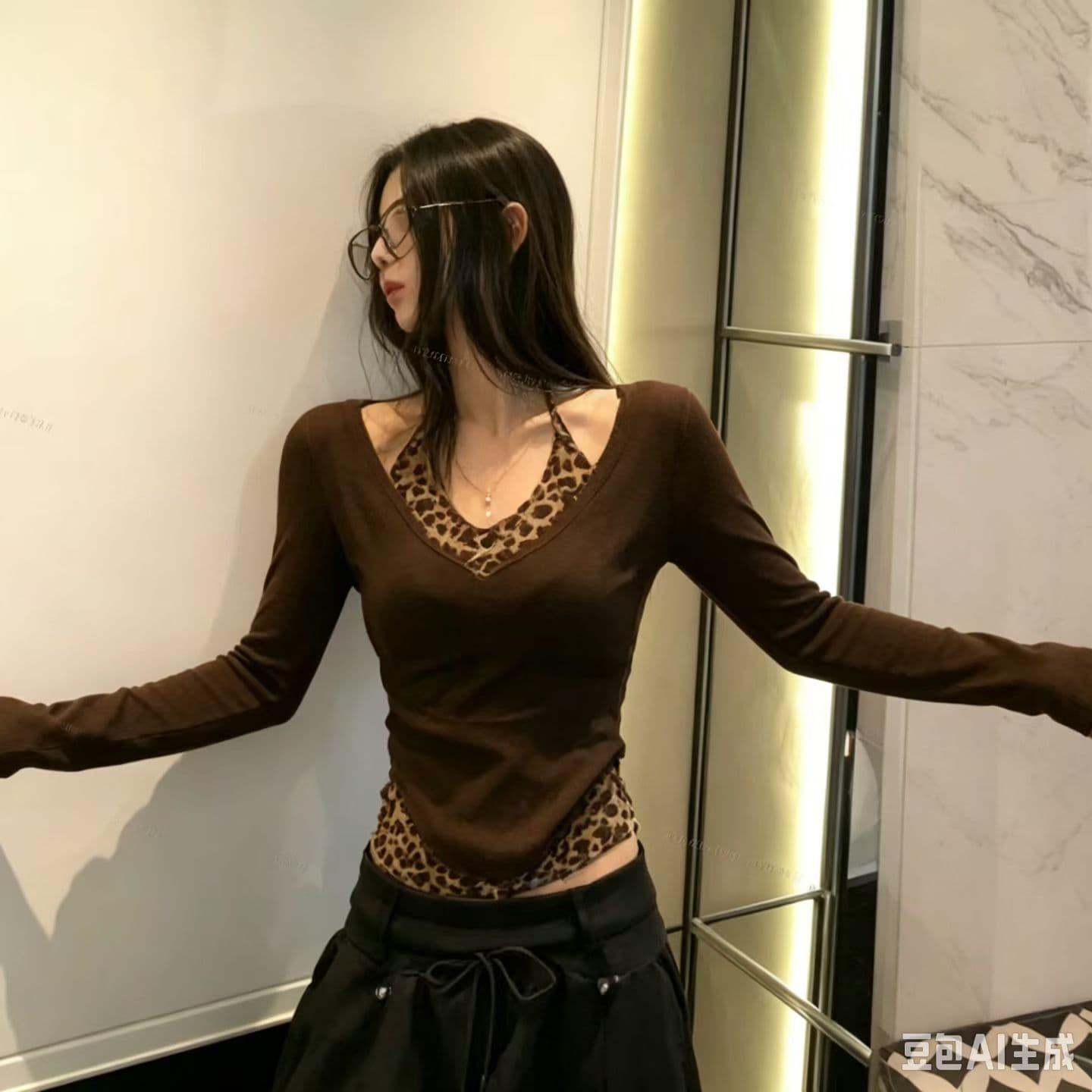 2026 이른 가을 새로운 디자인 센스 행침 목 레오파드 무늬 조끼 긴팔 티셔츠 여성 섹시함 몸매 가꾸기 투피스 세트 이미지 4