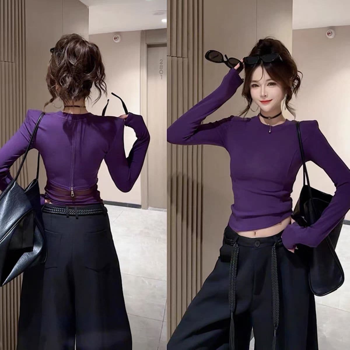 핫걸 바람 디자인 센스 뒤로 망사 패치워크 맨위 이른 가을 신제품 패션 슬림해 보이는 다용도 라운드 넥 티셔츠 여성 의류 이미지 3