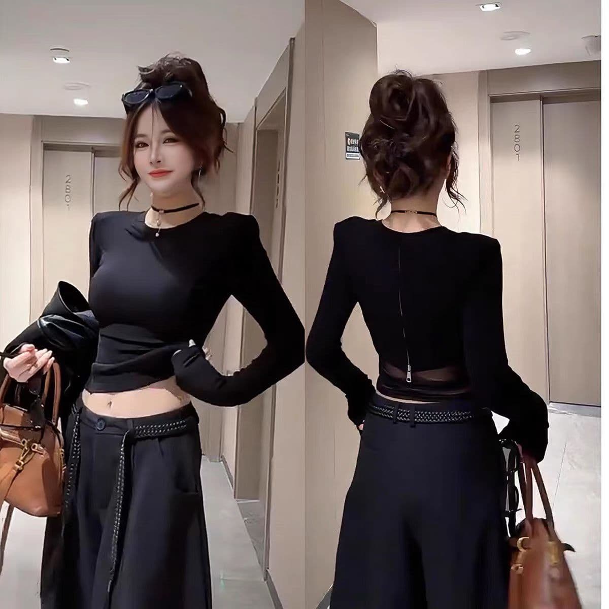 핫걸 바람 디자인 센스 뒤로 망사 패치워크 맨위 이른 가을 신제품 패션 슬림해 보이는 다용도 라운드 넥 티셔츠 여성 의류