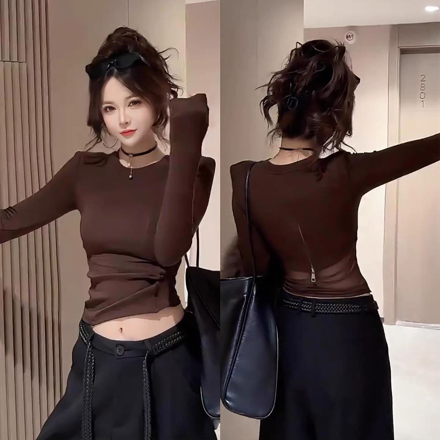 핫걸 바람 디자인 센스 뒤로 망사 패치워크 맨위 이른 가을 신제품 패션 슬림해 보이는 다용도 라운드 넥 티셔츠 여성 의류 상세 이미지 2