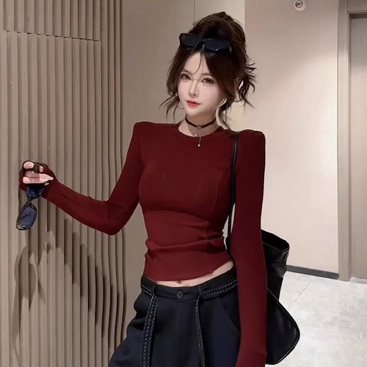핫걸 바람 디자인 센스 뒤로 망사 패치워크 맨위 이른 가을 신제품 패션 슬림해 보이는 다용도 라운드 넥 티셔츠 여성 의류 상세 이미지 5