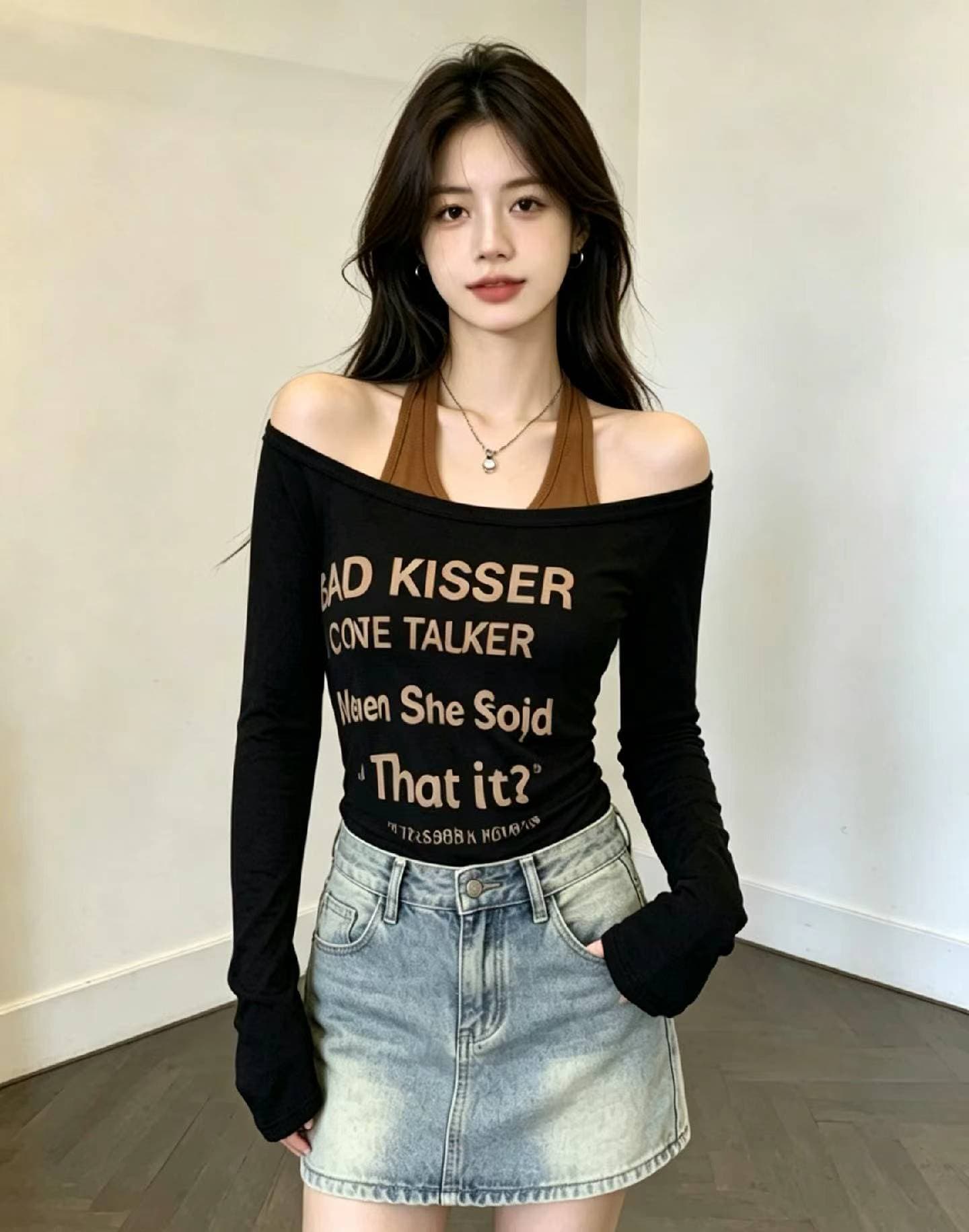 2026 가을 새로운 패션 알파벳 프린트 비스듬한 칼라 긴팔 티셔츠 행침 목 슬립 투피스 세트 슬림해 보이는 착용 가져 가라. 여성
