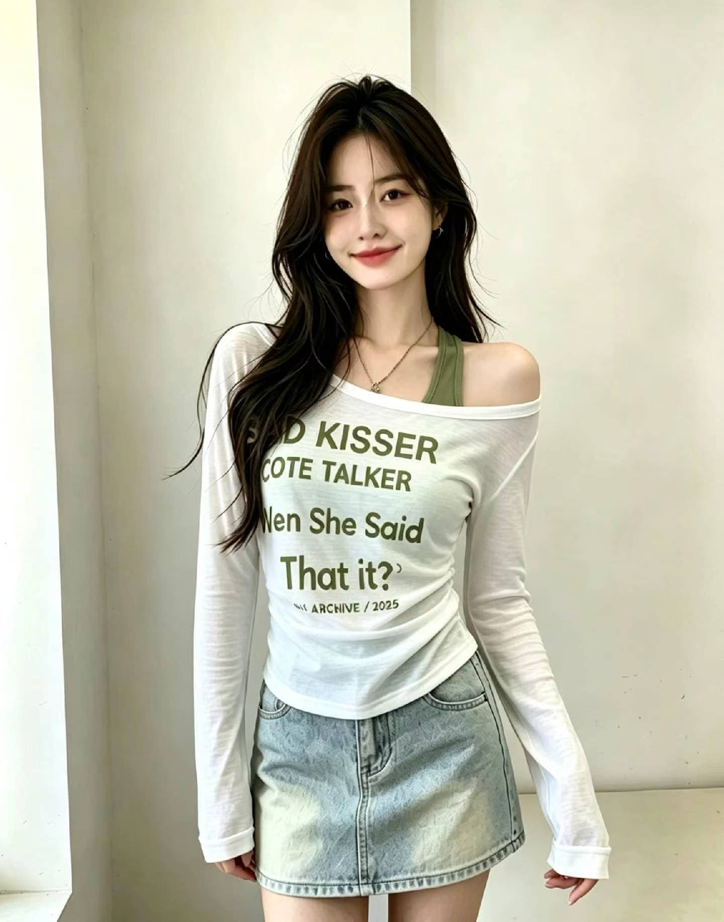 2026 가을 새로운 패션 알파벳 프린트 비스듬한 칼라 긴팔 티셔츠 행침 목 슬립 투피스 세트 슬림해 보이는 착용 가져 가라. 여성 상세 이미지 2