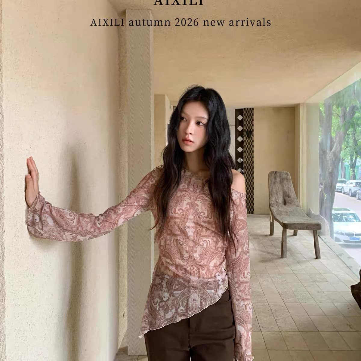 aixili 사랑 시리 남자 분위기 센스 불규칙 디자인 레트로 프린트 비스듬한 어깨 긴팔 맨위 작은 셔츠 이미지 2