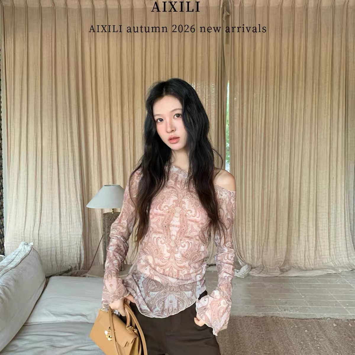 aixili 사랑 시리 남자 분위기 센스 불규칙 디자인 레트로 프린트 비스듬한 어깨 긴팔 맨위 작은 셔츠 상세 이미지 2
