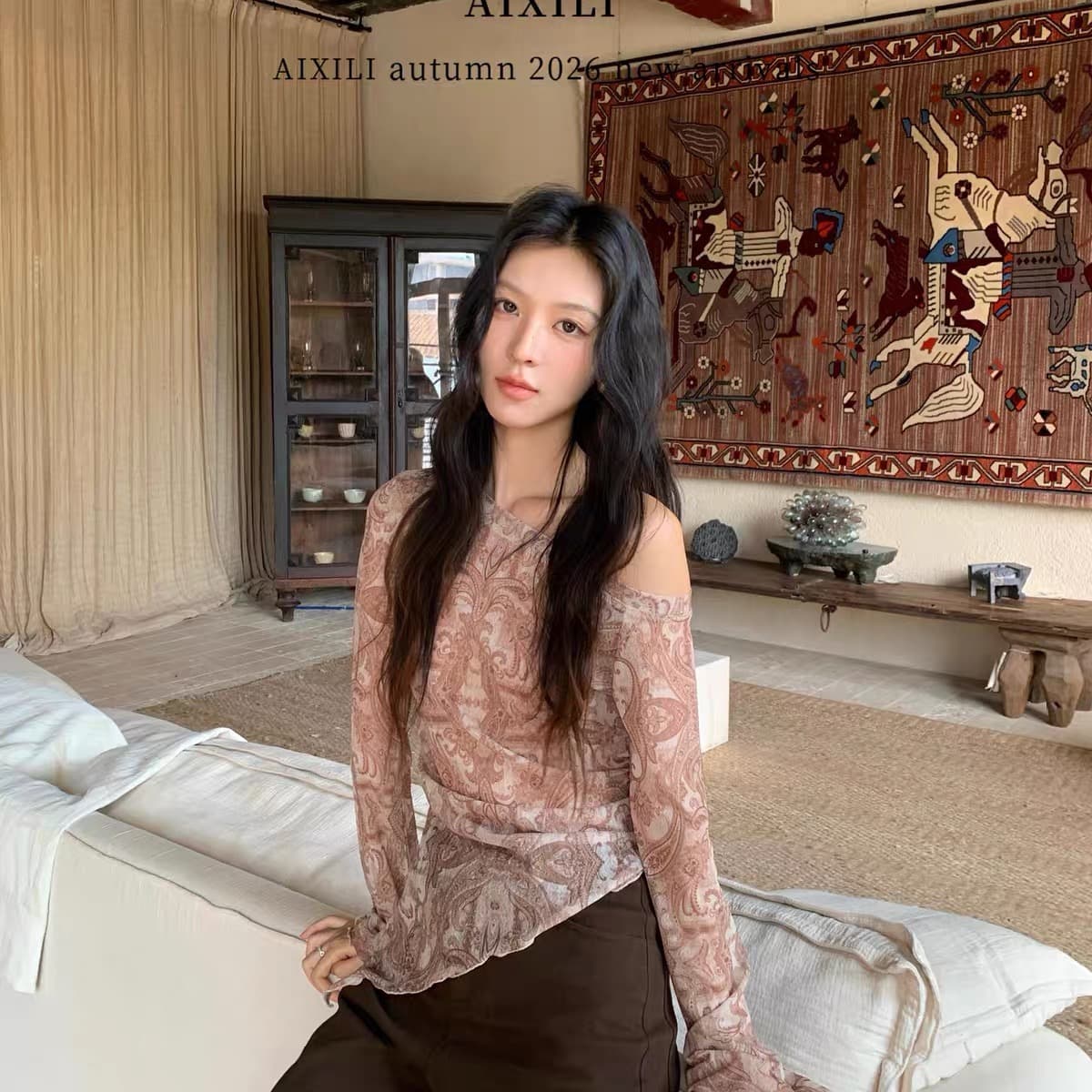 aixili 사랑 시리 남자 분위기 센스 불규칙 디자인 레트로 프린트 비스듬한 어깨 긴팔 맨위 작은 셔츠 상세 이미지 3