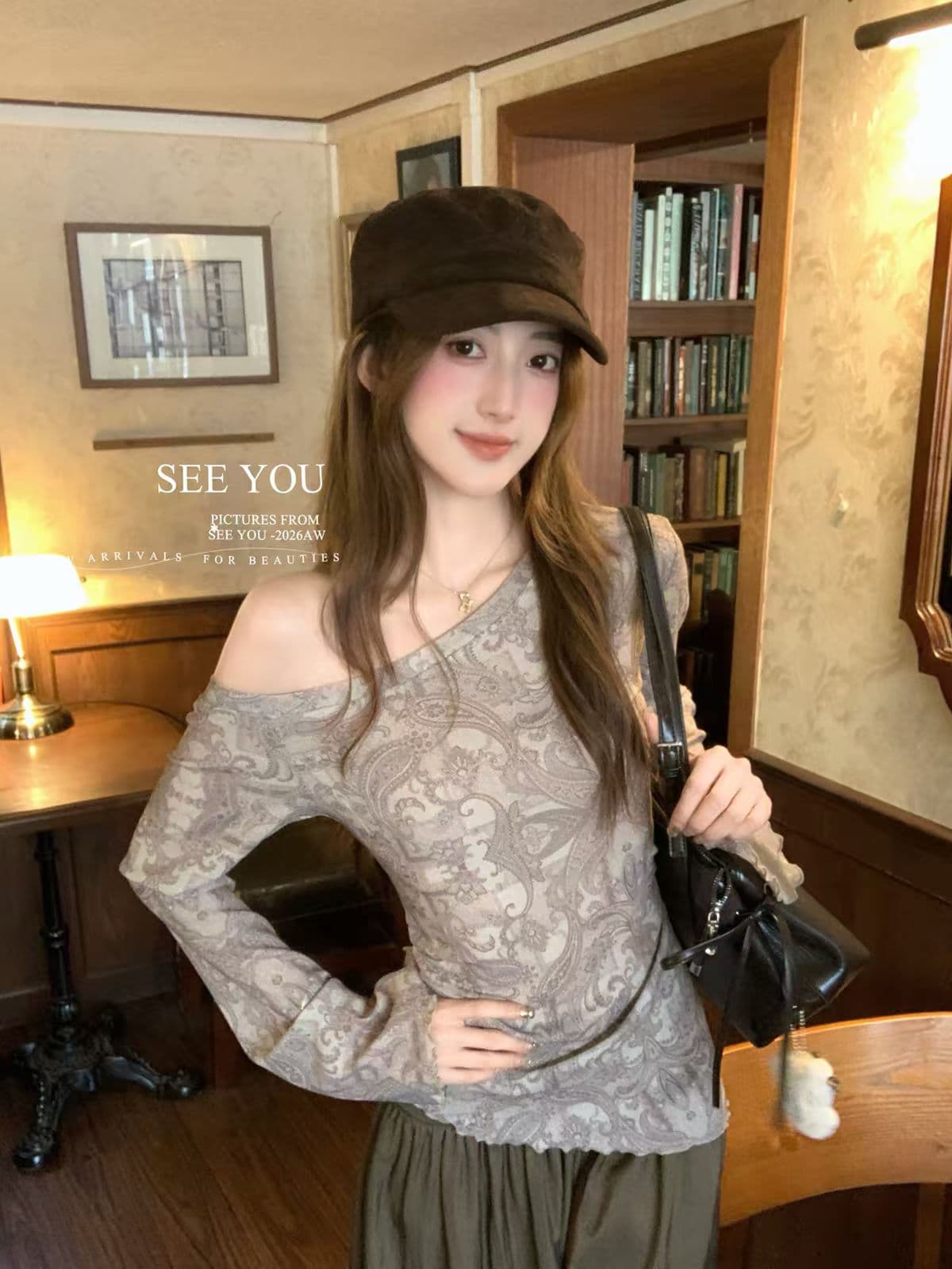 aixili 사랑 시리 남자 분위기 센스 불규칙 디자인 레트로 프린트 비스듬한 어깨 긴팔 맨위 작은 셔츠 상세 이미지 5