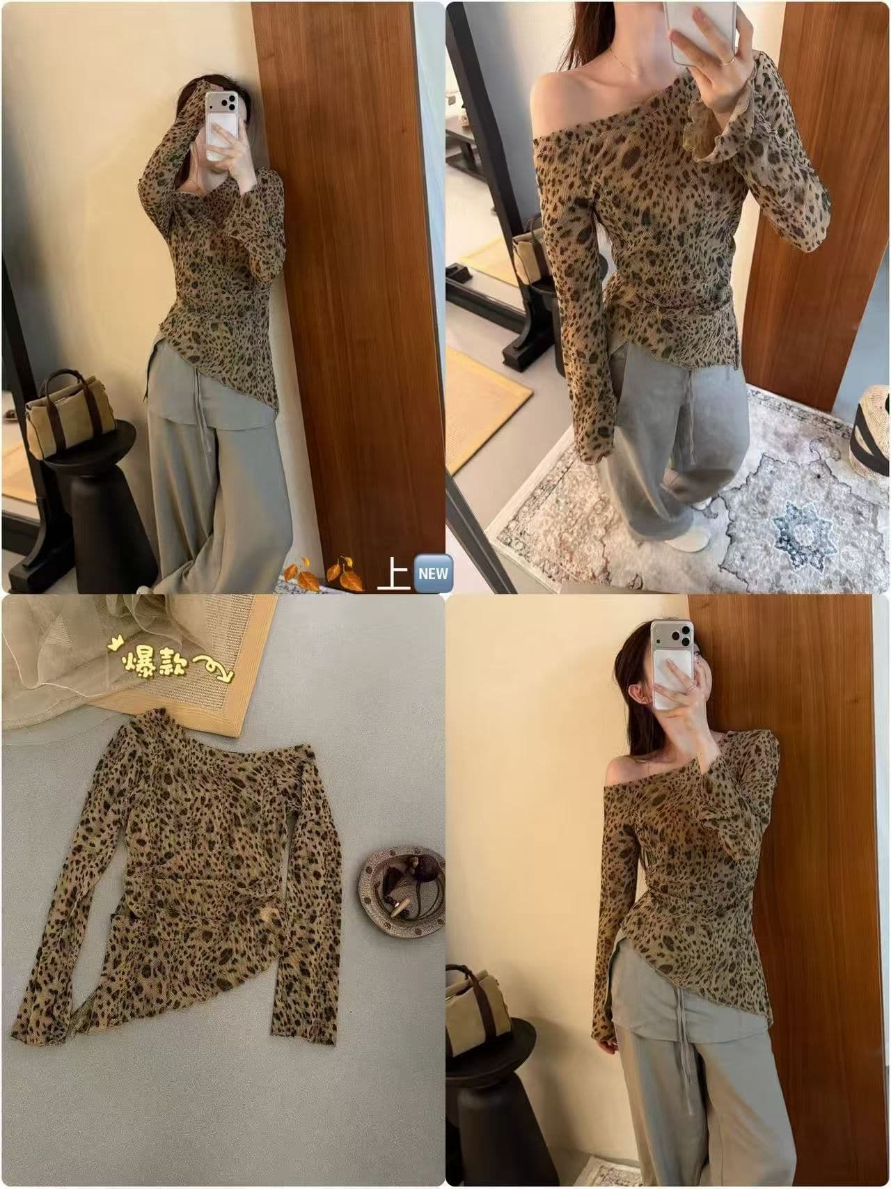 2026 이른 가을 새로운 한국 스타일 비스듬한 어깨 디자인 주름 레오파드 무늬 긴팔 티셔츠 기본 셔츠 여성 상세 이미지 6