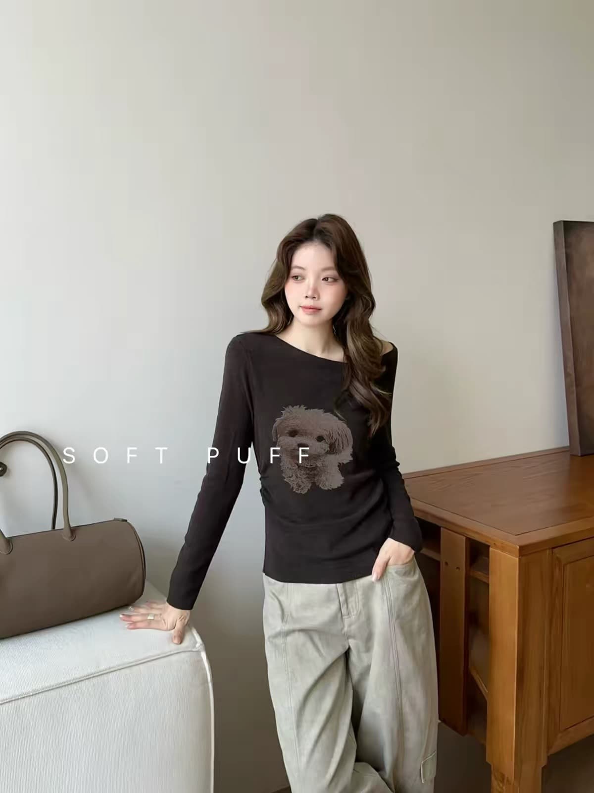 버블 푸 한 부서 부드러운 보트넥 강아지 프린트 긴 소매 티셔츠 동정 여성 레저 허리 수축 슬림해 보이는 가을 맨위 셔츠 이미지 5