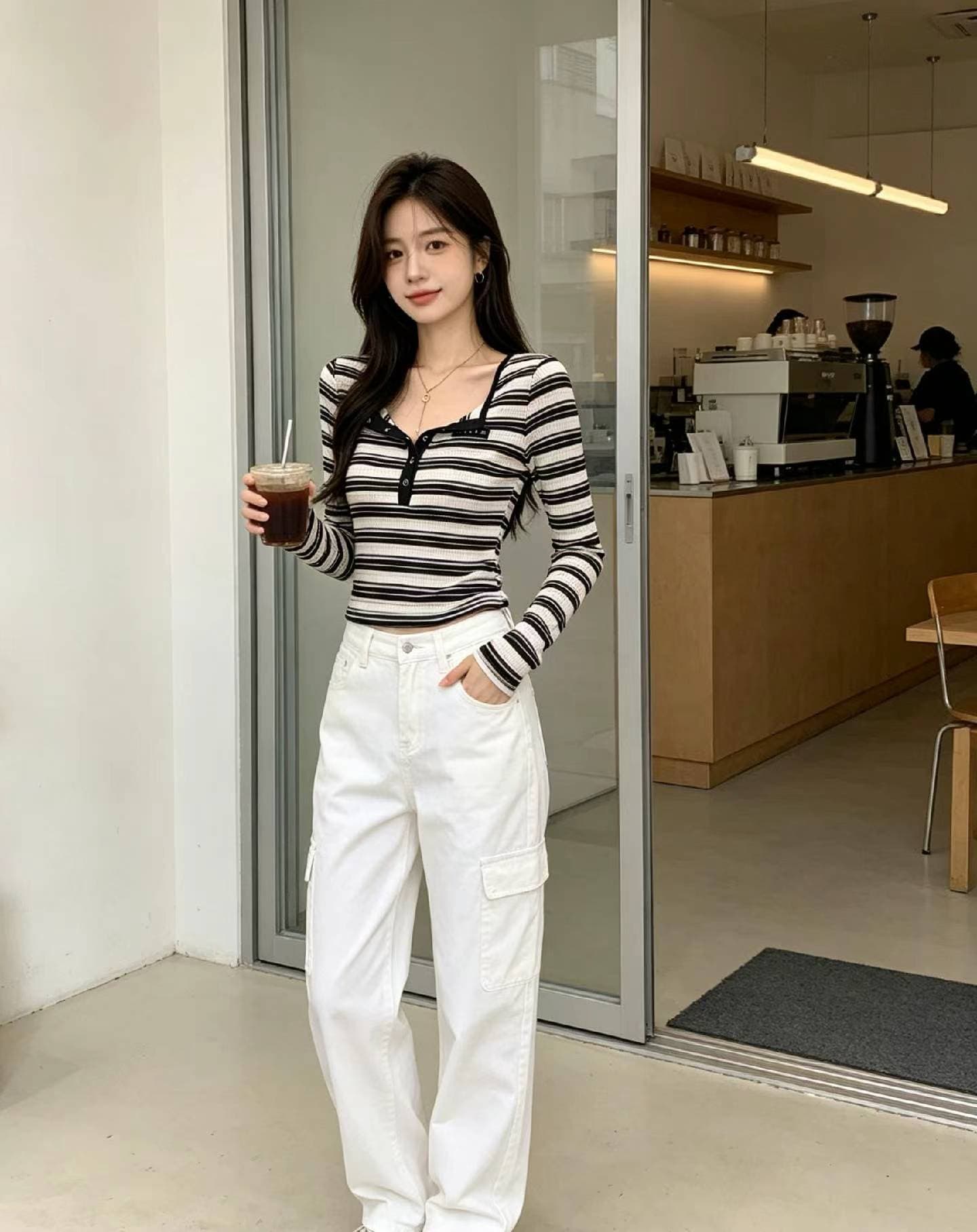 한국 스타일 가을 새로운 레트로 스트라이프 긴팔 티셔츠 여성 반 개방 칼라 몸매 가꾸기 슬림해 보이는 다용도 맨위 여성 상세 이미지 5