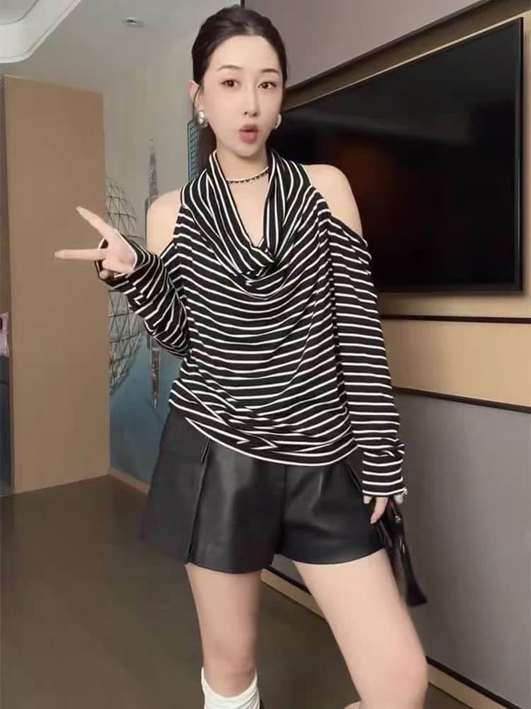 한 부서 행침 목 칼라 오프숄더 스트라이프 긴팔 티셔츠 여성 2026 이른 가을 디자인 센스 패션 출퇴근 품격 맨위 트렌디 상세 이미지 4