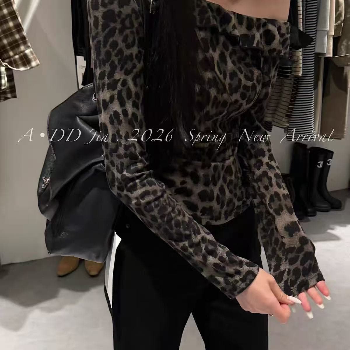 레트로 레오파드 무늬 프린트 스탠드 칼라 타이트 긴팔 티셔츠 여성 새로운 섹시함 핫걸 몸매 가꾸기 맨위 이미지 5