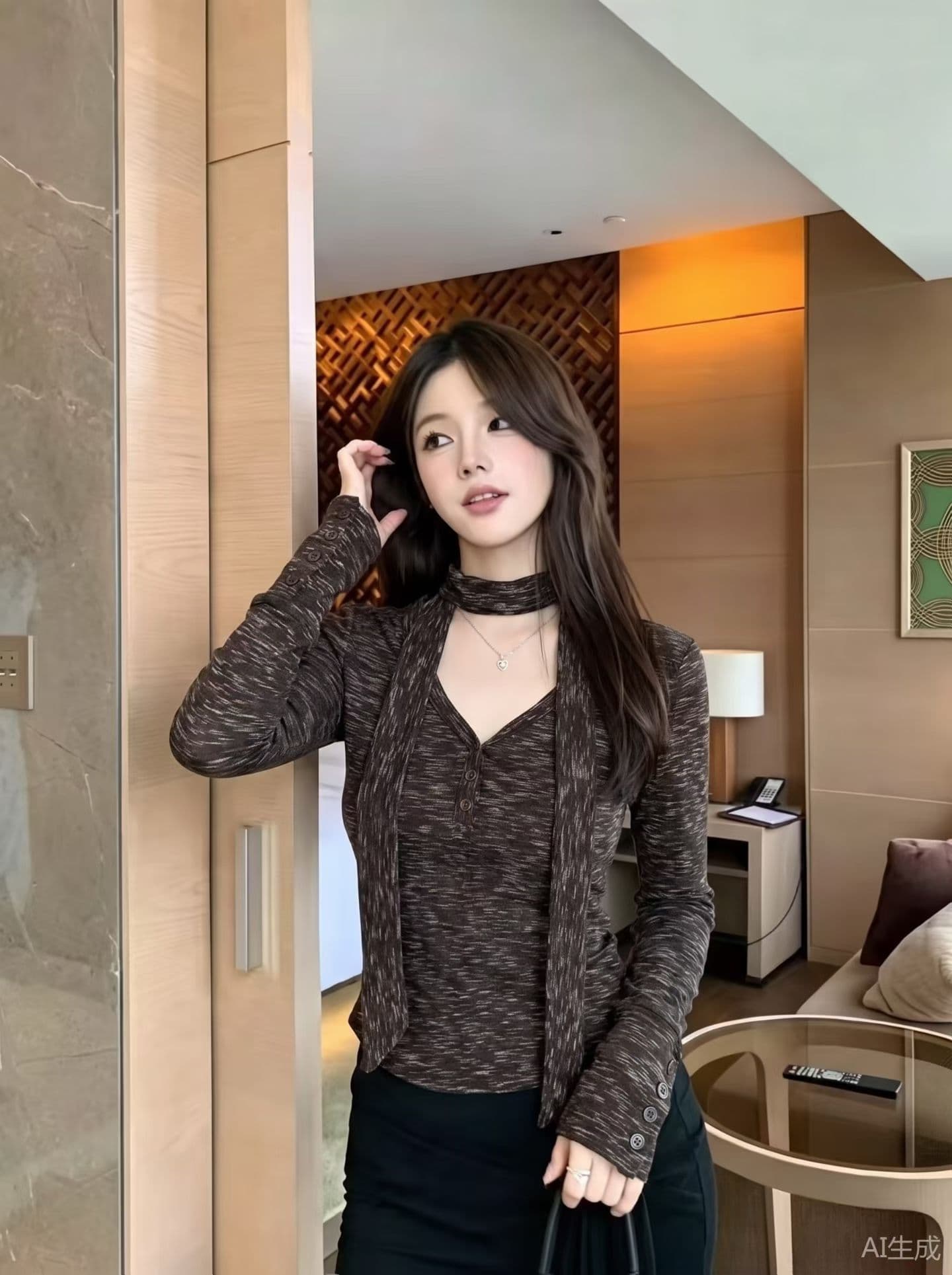 미니멀리즘 바람 긴팔 티셔츠 여성 의류 가을 새로운 품격 반 개방 V넥 단추 디자인 다용도 맨위 경기 스카프 상세 이미지 1