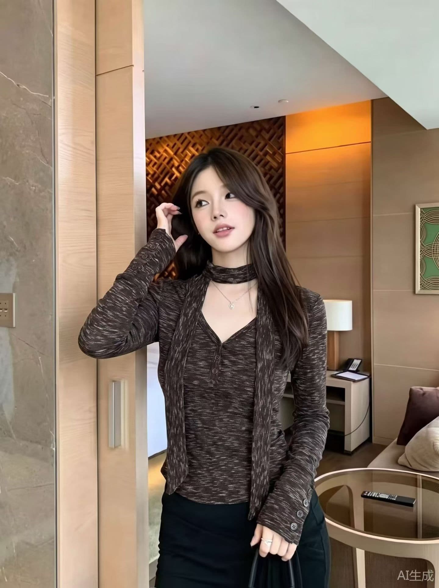 미니멀리즘 바람 긴팔 티셔츠 여성 의류 가을 새로운 품격 반 개방 V넥 단추 디자인 다용도 맨위 경기 스카프 상세 이미지 2