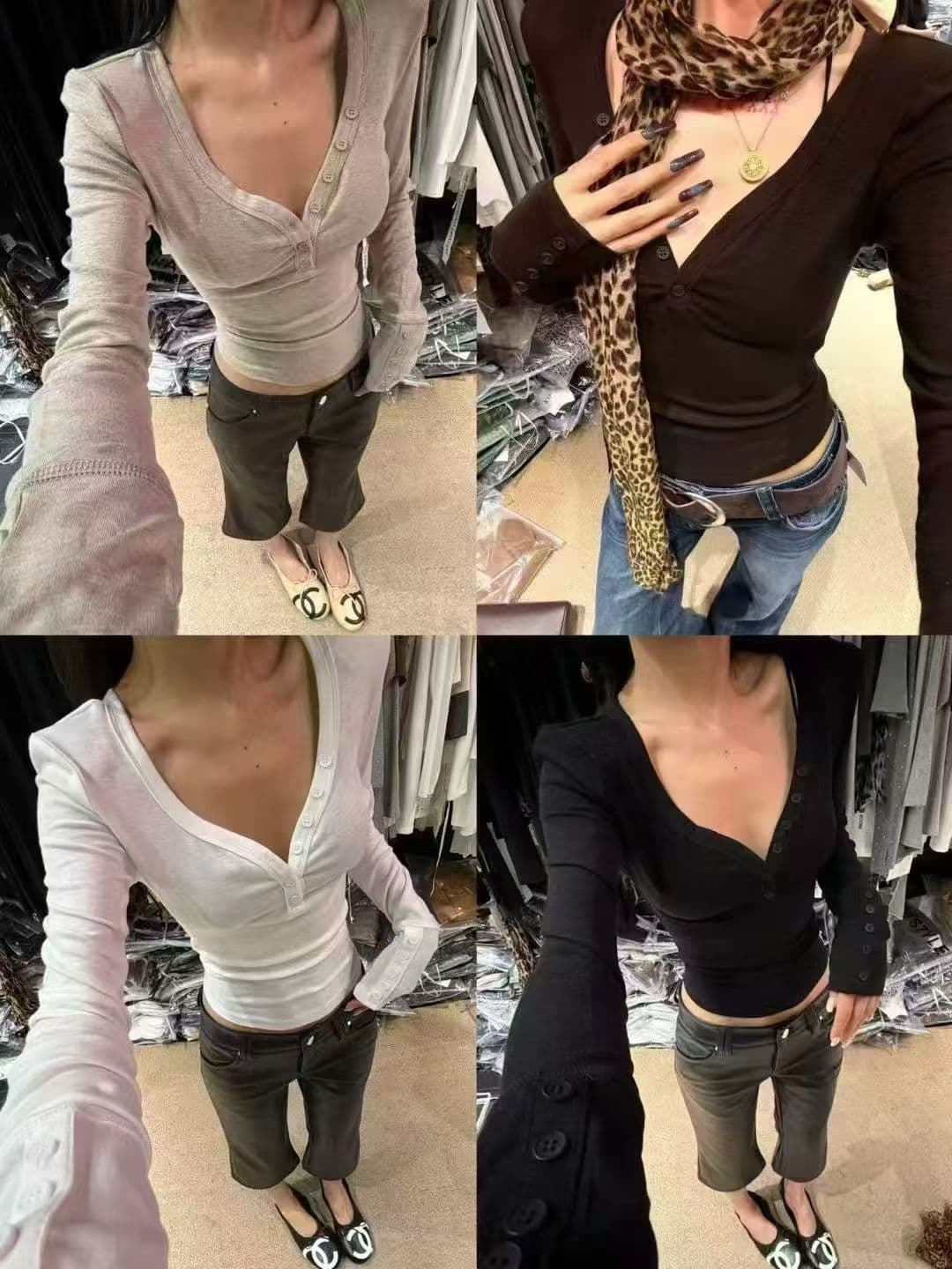 미니멀리즘 바람 긴팔 티셔츠 여성 의류 가을 새로운 품격 반 개방 V넥 단추 디자인 다용도 맨위 경기 스카프 상세 이미지 9