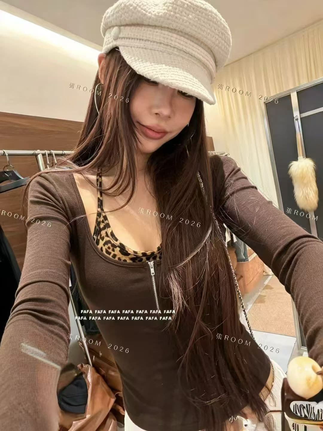 26 가을 레오파드 무늬 행침 목 조끼 u 칼라 몸매 가꾸기 티셔츠 맨위 투피스 세트 상세 이미지 1