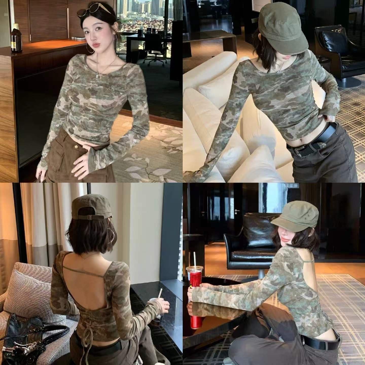 홀로우 아웃 심장 기계 육군 녹색 카모플라주 라운드 넥 백리스 긴팔 티셔츠 가을 새로운 몸매 가꾸기 맨위 상세 이미지 5
