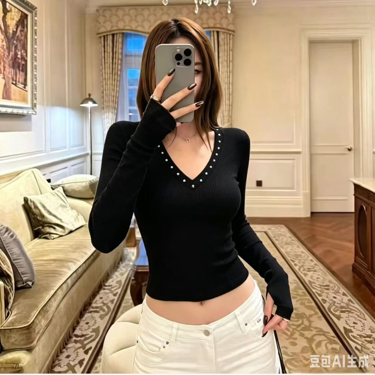 2026 가을 새로운 버드 나무 못 V넥 핫걸 맨위 몸매 가꾸기 슬림해 보이는 긴팔 티셔츠 여성 상세 이미지 1