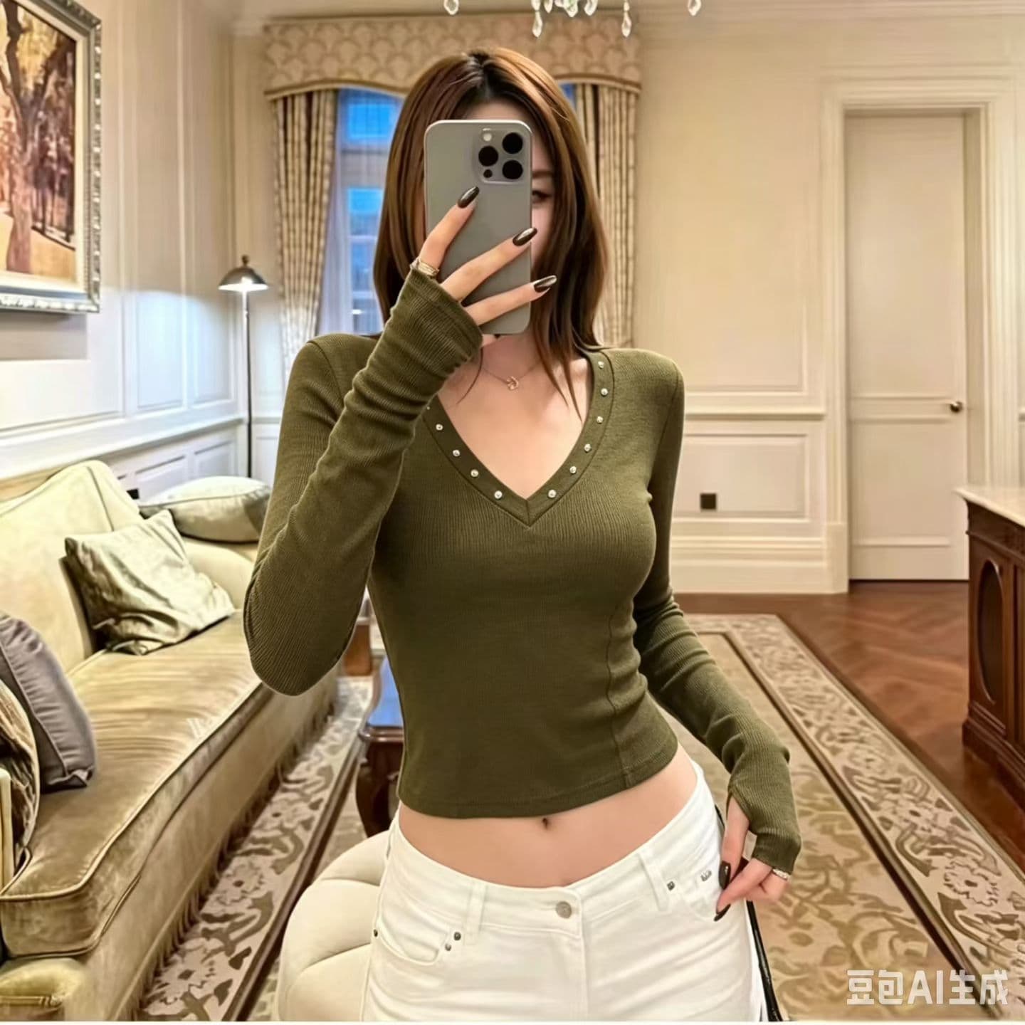 2026 가을 새로운 버드 나무 못 V넥 핫걸 맨위 몸매 가꾸기 슬림해 보이는 긴팔 티셔츠 여성 상세 이미지 3