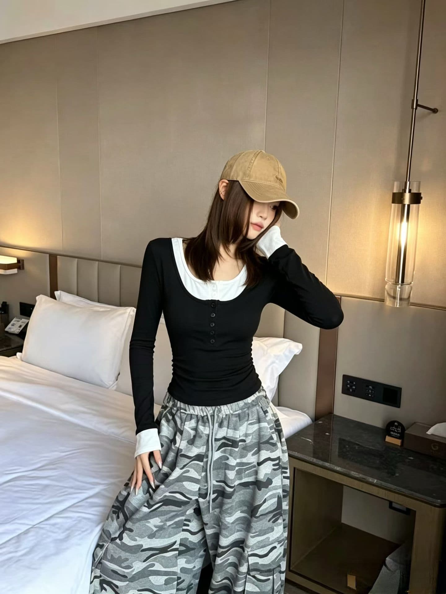 2026 아메리칸 핫걸 u 칼라 패치워크 레오파드 무늬 페이크 레이어드 몸매 가꾸기 슬림해 보이는 긴팔 티셔츠 여성 가을 켜기 상세 이미지 7