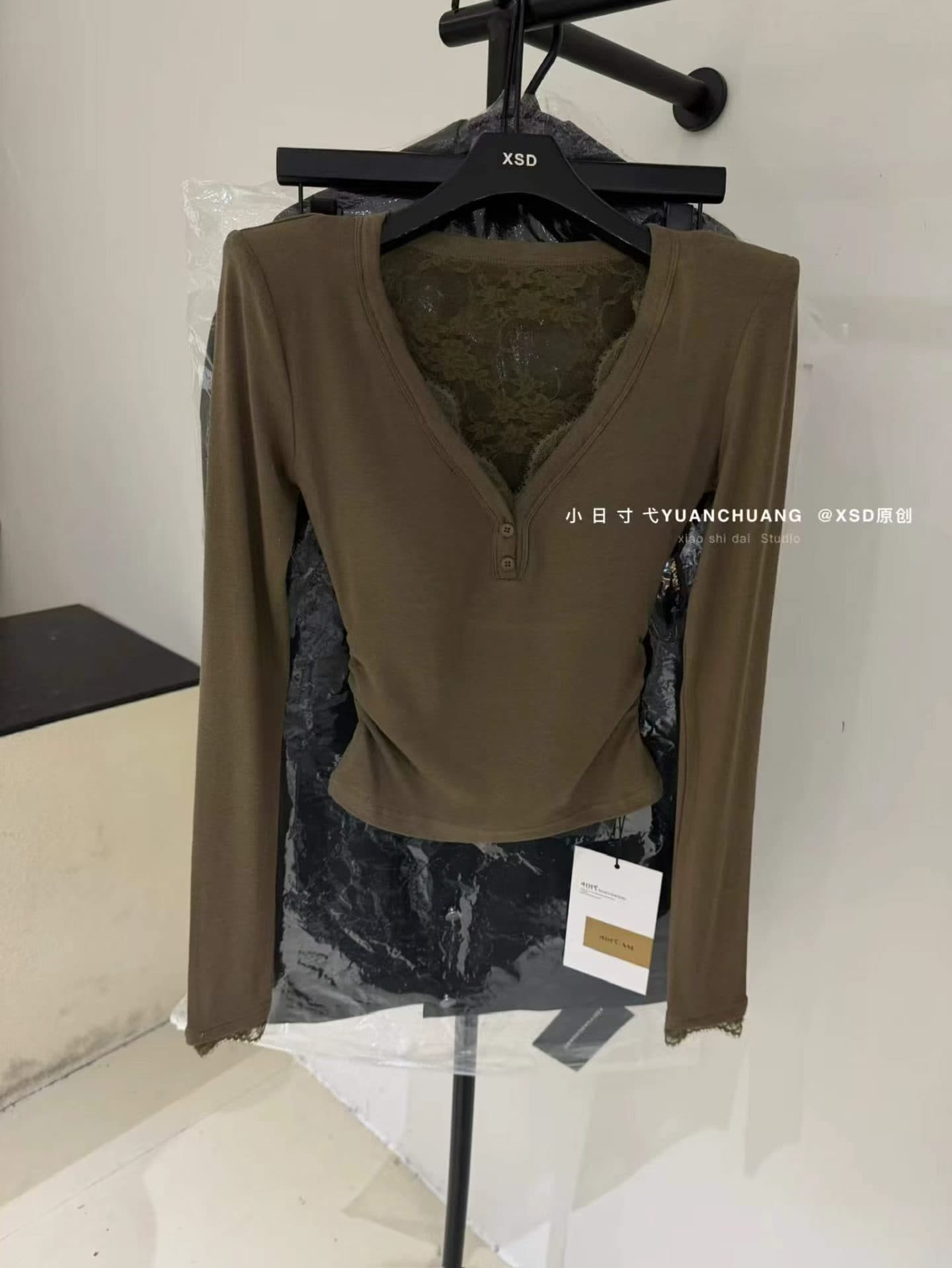 아메리칸 핫걸 V넥 긴팔 티셔츠 여성 가을 겨울철 레이스 조각 벨트 가슴 패드 슬림해 보이는 다용도 바닥 순수한 욕망 맨위 상세 이미지 10