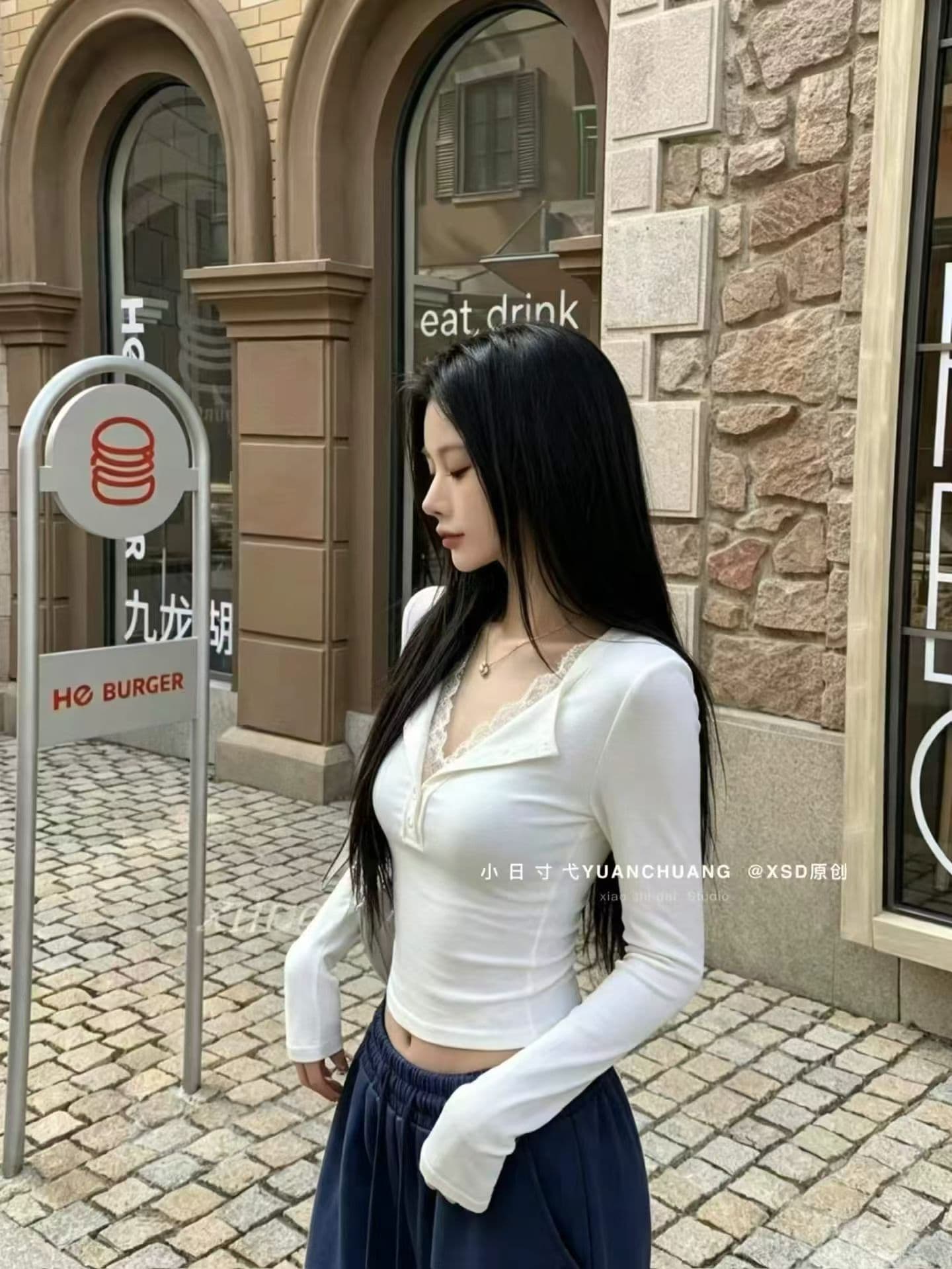 아메리칸 핫걸 긴팔 티셔츠 여성 가을 겨울철 레이스 조각 슬림해 보이는 다용도 만나는 순수한 욕망 맨위 상세 이미지 1