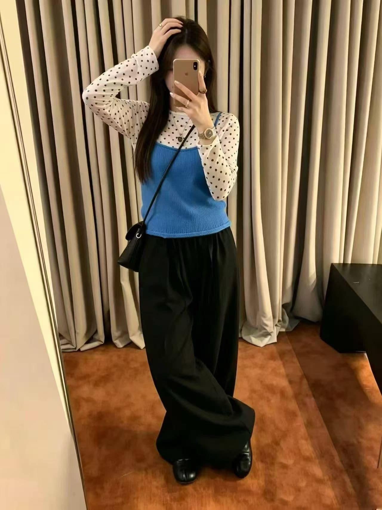 가을 켜기 새로운 패션 착용 가져 가라. 한 부서 이른 가을 분위기 센스 니트 조끼 도트 무늬 기본 셔츠 투피스 세트 상세 이미지 8