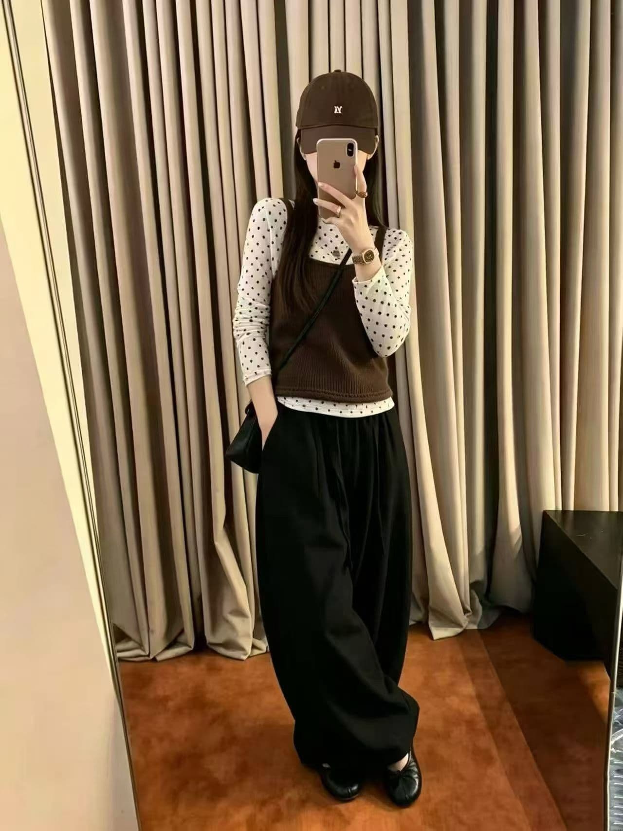 가을 켜기 새로운 패션 착용 가져 가라. 한 부서 이른 가을 분위기 센스 니트 조끼 도트 무늬 기본 셔츠 투피스 세트 상세 이미지 11