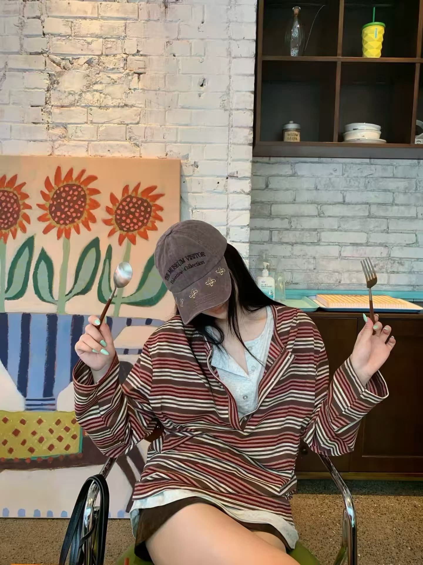 2026 이른 가을 새로운 프로 피부 이중층 페이크 레이어드 스트라이프 헨리 칼라 긴팔 티셔츠 맨위 여성 이미지 3