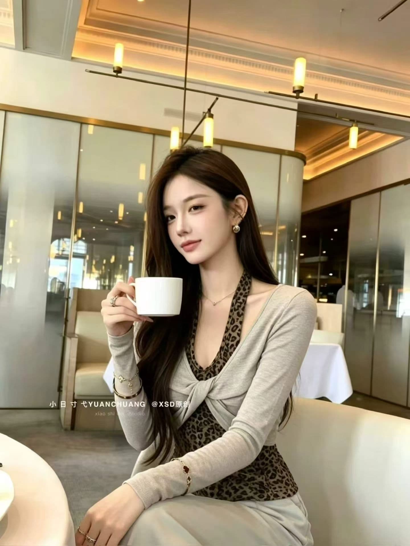 2026 가을 새로운 레오파드 무늬 행침 목 캐미솔 긴팔 티셔츠 두 조각 여성 세트 한국 스타일 핫걸 슬림해 보이는 맨위 이미지 4
