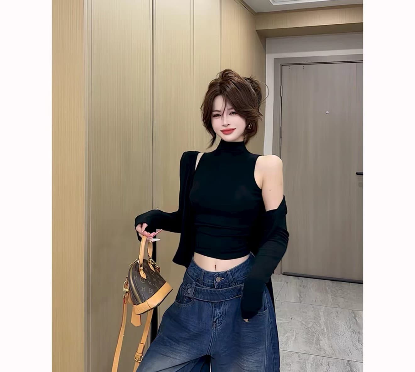 한 부서 핫걸 바람 품격 터틀넥 민소매 조끼 여성 의류 몸매 가꾸기 슬림해 보이는 섹시함 긴팔 오픈 가디건 패션 투피스 세트