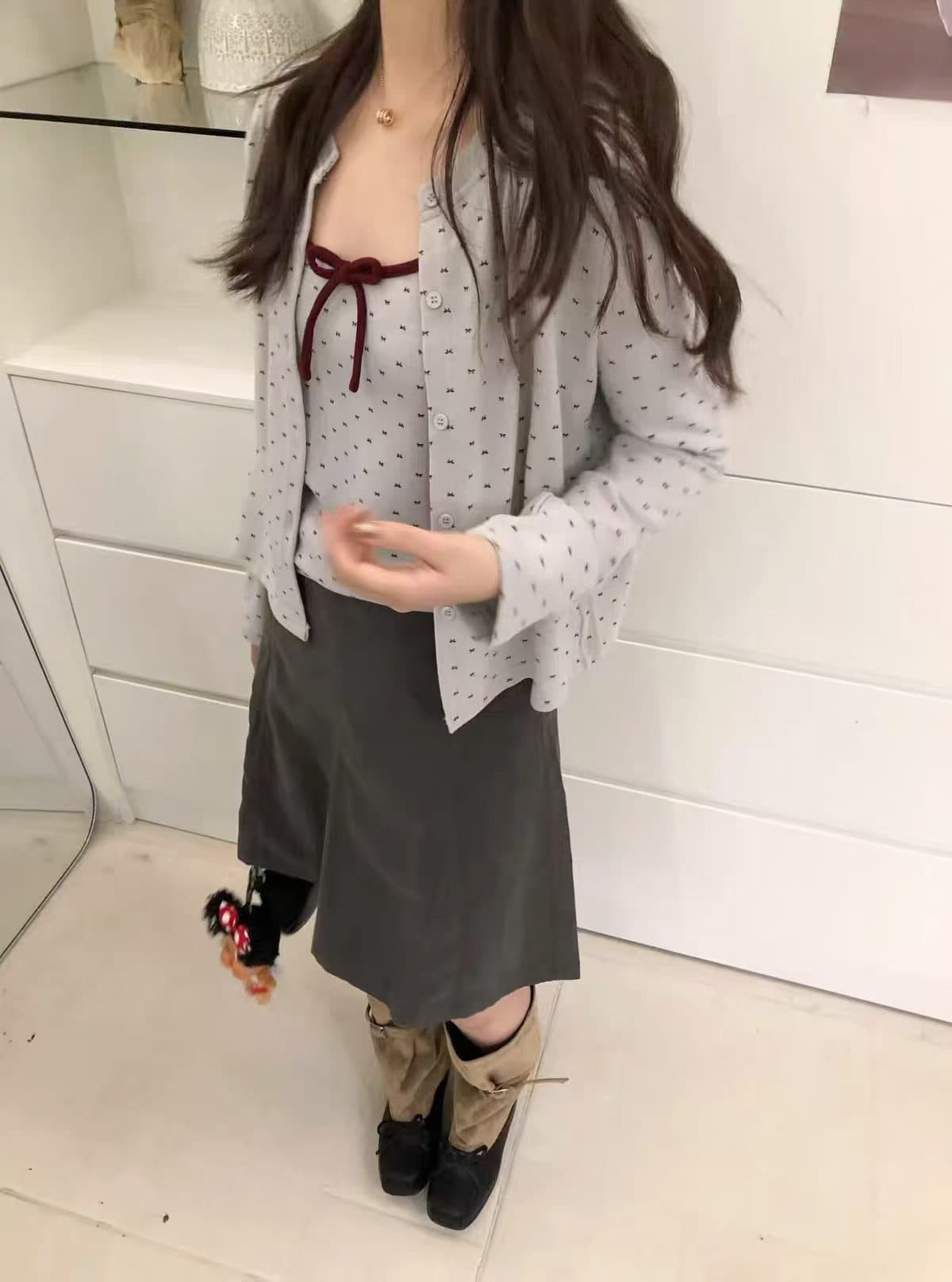 가을 켜기 새로운 한 부서 연령 감소 나비 매듭 작은 열림 셔츠 나비 넥타이 캐미솔 투피스 세트 세트 이미지 3