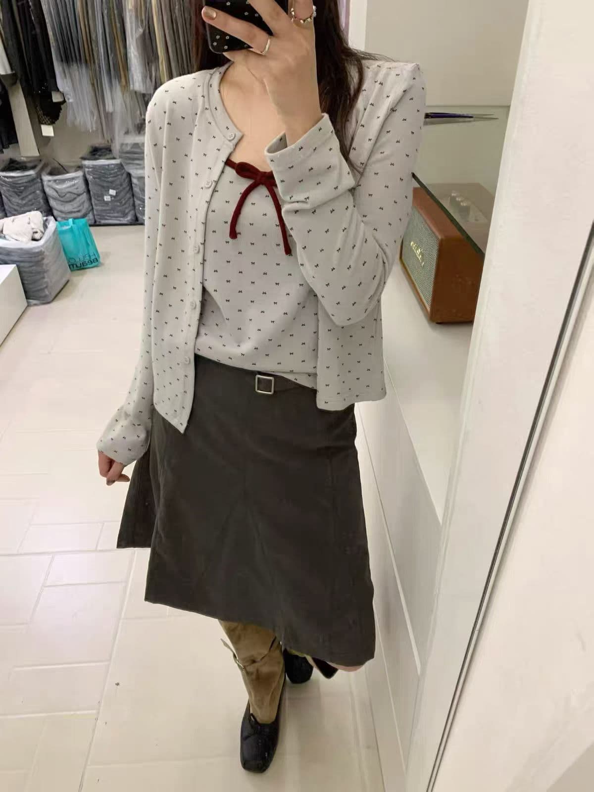 가을 켜기 새로운 한 부서 연령 감소 나비 매듭 작은 열림 셔츠 나비 넥타이 캐미솔 투피스 세트 세트 이미지 4