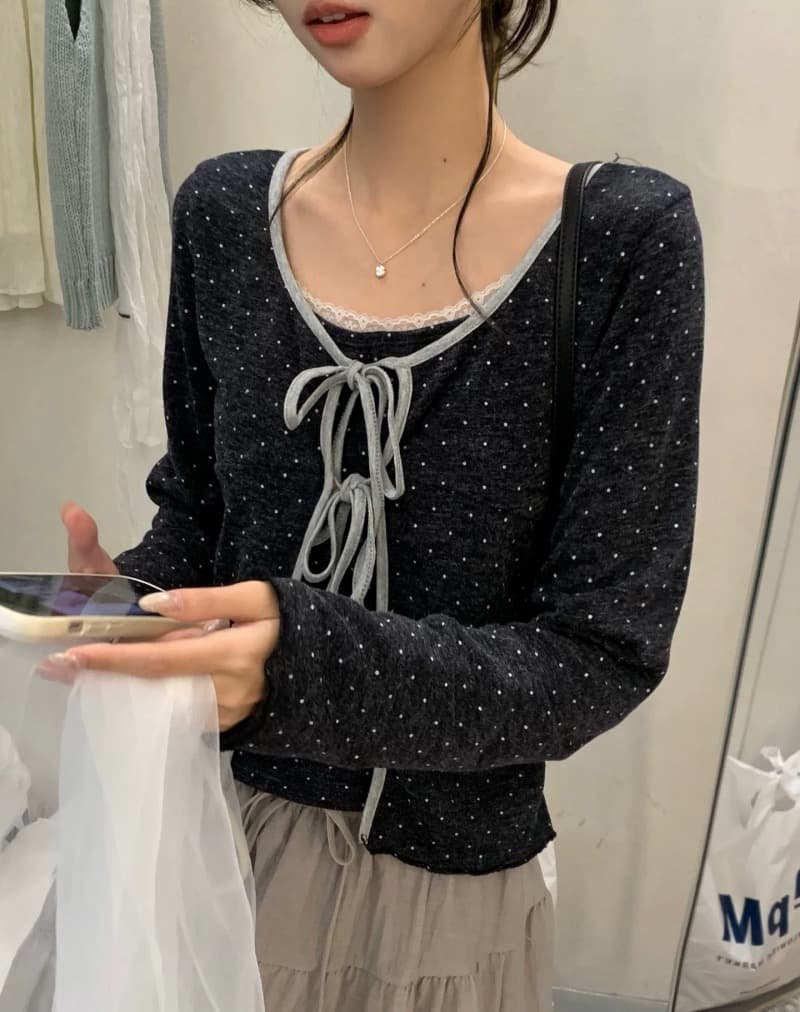 한 부서 달콤함 레이스 조각 인사이드 가져 가라. 캐미솔 도트 무늬 레이스업 긴팔 오픈 가디건 여성 가을 2026 투피스 세트 상세 이미지 1