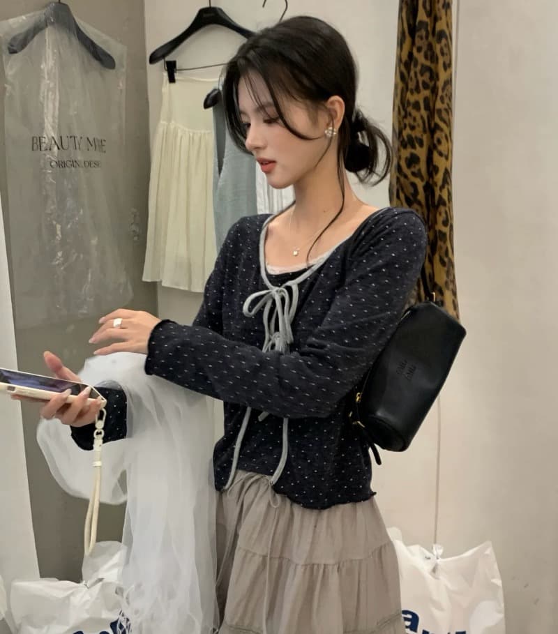 한 부서 달콤함 레이스 조각 인사이드 가져 가라. 캐미솔 도트 무늬 레이스업 긴팔 오픈 가디건 여성 가을 2026 투피스 세트 상세 이미지 2