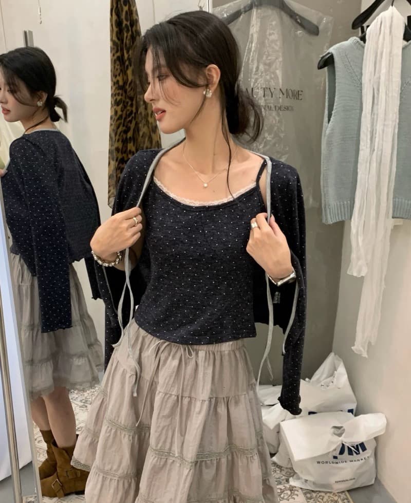 한 부서 달콤함 레이스 조각 인사이드 가져 가라. 캐미솔 도트 무늬 레이스업 긴팔 오픈 가디건 여성 가을 2026 투피스 세트 상세 이미지 3