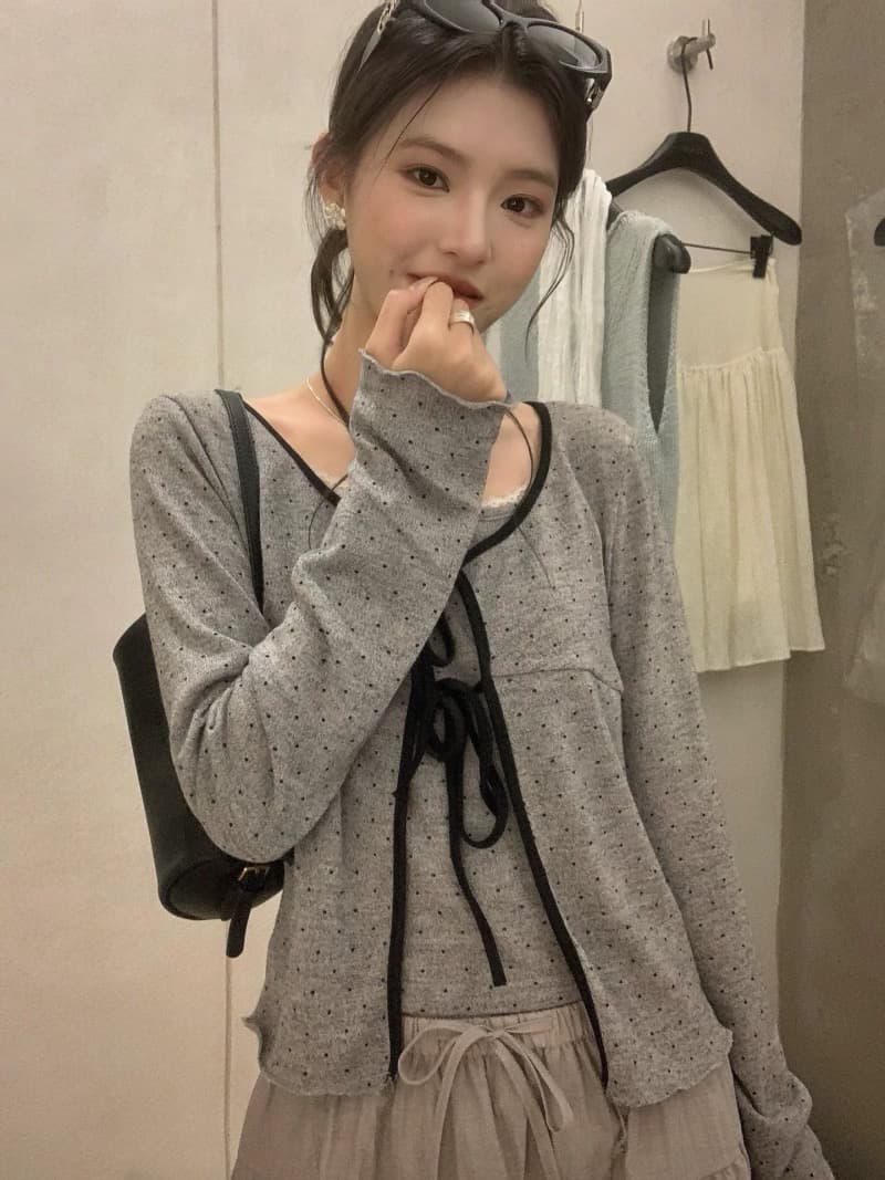 한 부서 달콤함 레이스 조각 인사이드 가져 가라. 캐미솔 도트 무늬 레이스업 긴팔 오픈 가디건 여성 가을 2026 투피스 세트 상세 이미지 4