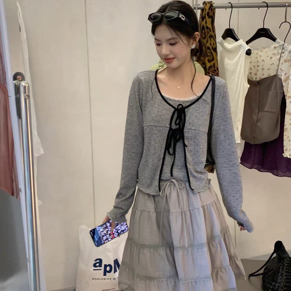 한 부서 달콤함 레이스 조각 인사이드 가져 가라. 캐미솔 도트 무늬 레이스업 긴팔 오픈 가디건 여성 가을 2026 투피스 세트 상세 이미지 8