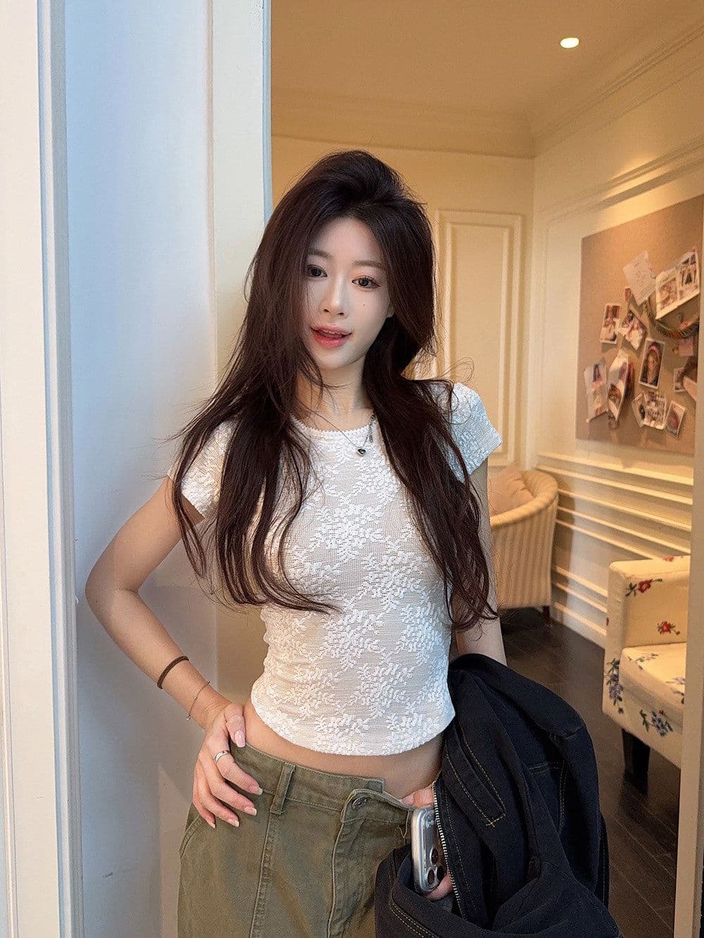 순수한 욕망 바람 레이스 V넥 캐미솔 여성 의류 봄 연령 감소 몸매 가꾸기 화이트 기본 셔츠 맨위 이미지 2